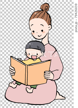 絵本の読み聞かせをしているお母さんと男の子のイラストのイラスト素材