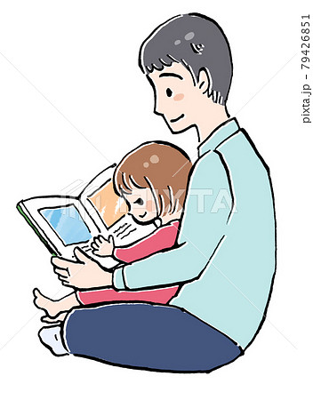 絵本の読み聞かせをしているお父さんと女の子のイラスト 79426851