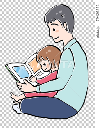 絵本の読み聞かせをしているお父さんと女の子のイラストのイラスト素材