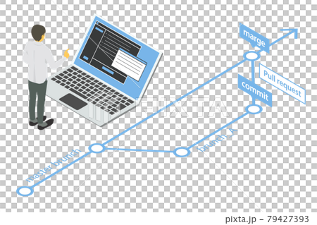 Vector illustration of an engineer merging into a master branch with isometric GIT Vector illustration of an engineer merging into a master branch with isometric GIT 79427393