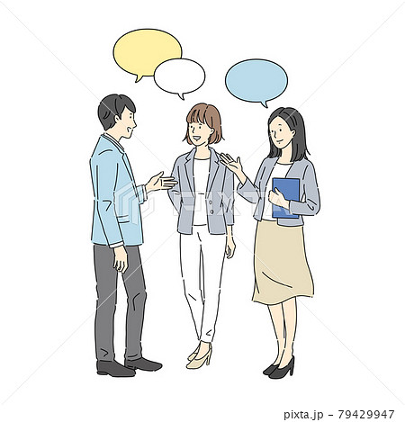 立ち話をする男女、ビジネスシーン、チーム、会話、打ち合わせ 79429947