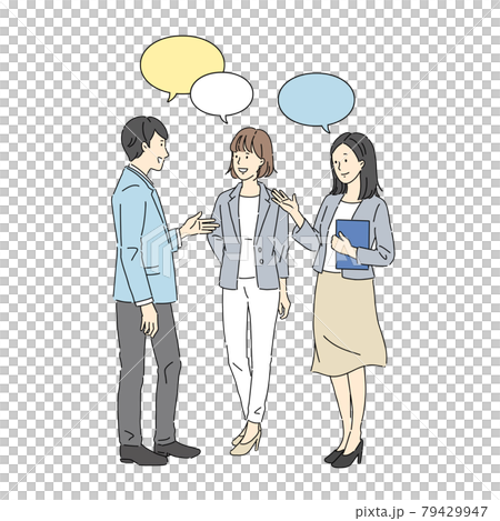 立ち話をする男女、ビジネスシーン、チーム、会話、打ち合わせ 79429947