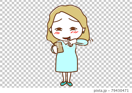 <全身・正面>スマホを見ながらじゅるりとよだれを垂らして拭う白人女性 <全身・正面>スマホを見ながらじゅるりとよだれを垂らして拭う白人女性 79430471