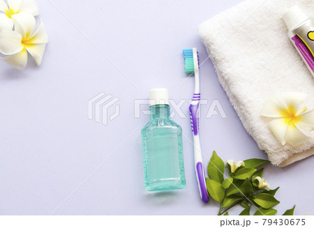 toothbrush, mouthwash health care for oral cavity arrangement flat lay style toothbrush, mouthwash health care for oral cavity arrangement flat lay style 79430675