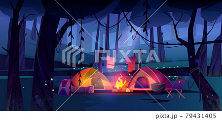Night camping with tents, campfire in dark forest 79431405