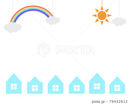【オーナメント風】空と町のフラット背景【虹】 79432612