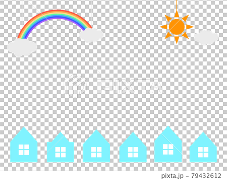 【オーナメント風】空と町のフラット背景【虹】 79432612