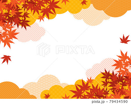 和風 モミジと雲のフレーム素材 横向き のイラスト素材