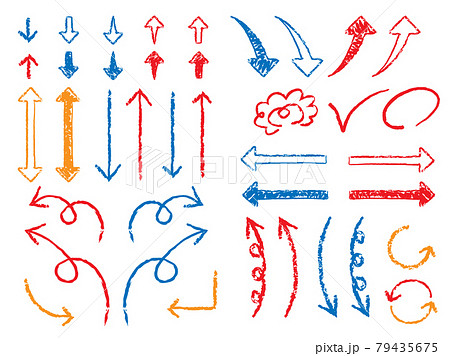 手描き風のシンプルなクレヨン風の矢印と花丸 チェック 丸つけのカラフルセットのイラスト素材