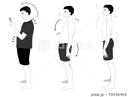 悪い姿勢といい姿勢の男性イラストセット 白黒のイラスト素材