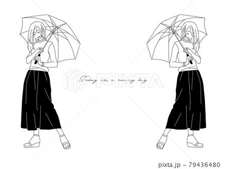 シンプルな線画女性の傘差しポーズイラストのイラスト素材