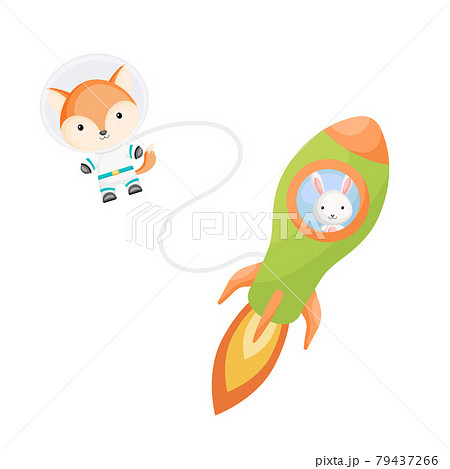 Cute Little Hare Flying In Green Rocket のイラスト素材