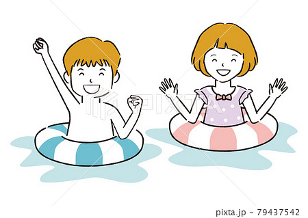 手書き線画カラーイラスト 男の子と女の子 水着と浮き輪のイラスト素材