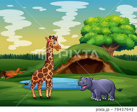 Cartoon of the wild animals enjoying nature near the pond Cartoon of the wild animals enjoying nature near the pond 79437643