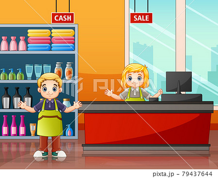 The supermarket workers in the cashier illustration The supermarket workers in the cashier illustration 79437644