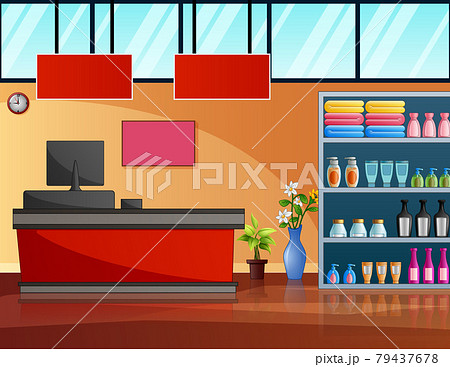 Supermarket store interior with goods and cashier Supermarket store interior with goods and cashier 79437678