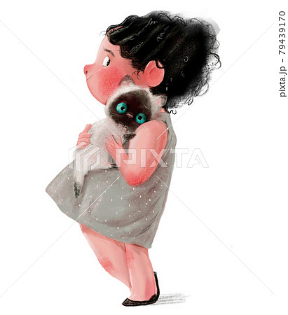 cute plump curly haired girl with cat cute plump curly haired girl with cat 79439170
