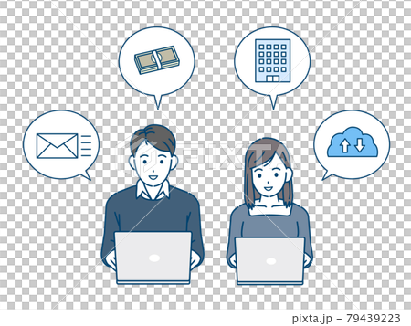 フリーランス　副業　ノートパソコンを使う若い男女　在宅勤務　仕事　イラスト素材 79439223