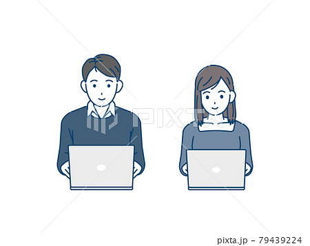 ノートパソコンを使う若い男女　フリーランス　テレワーク　リモートワーク　イラスト素材 79439224