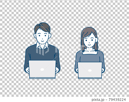 ノートパソコンを使う若い男女　フリーランス　テレワーク　リモートワーク　イラスト素材 79439224