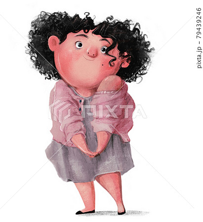cute plump curly haired girl with grey dress and pink sweater cute plump curly haired girl with grey dress and pink sweater 79439246