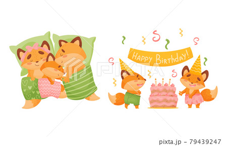 Happy Fox Family with Mother and Father Sleeping in Bed with Their Little Cub and Celebrating Birthday Vector Set 79439247