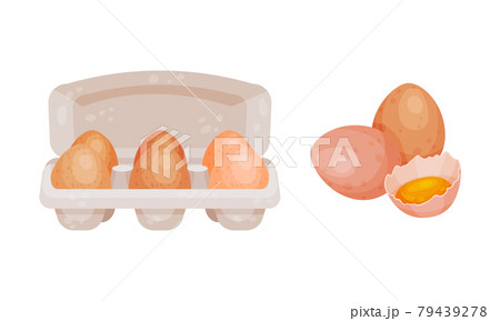 Raw Egg In Carton Package And Cracked Shell のイラスト素材