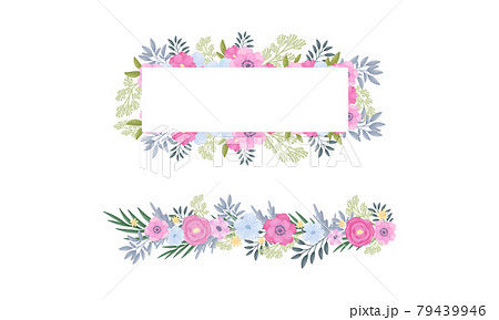 Floral Border of Lush Blooming Flowers as Decorative Vector Composition Set Floral Border of Lush Blooming Flowers as Decorative Vector Composition Set 79439946