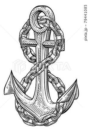 A Ship Anchor And Chain Nautical Woodcut Drawing 79441085