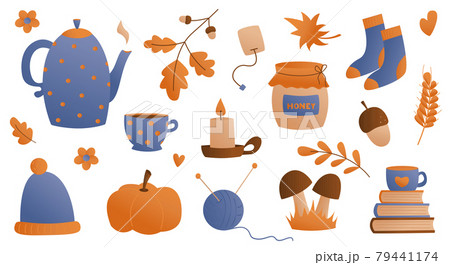 Flat style collection of cozy home items for autumn season. Vector illustration. 79441174