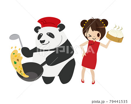 パンダとチャイナ服を着た女性のイラスト素材