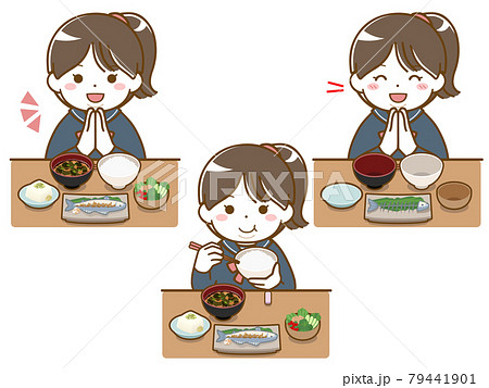 食事をしている太った女子学生のイラスト素材