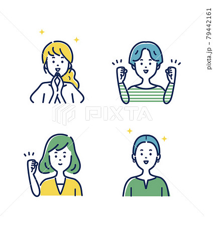 若い女性の表情とジェスチャーのイラスト素材セット 79442161