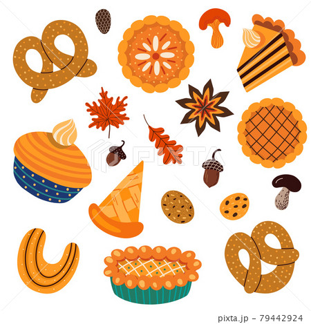 Set of various pastry food and autumnal leaves Set of various pastry food and autumnal leaves 79442924
