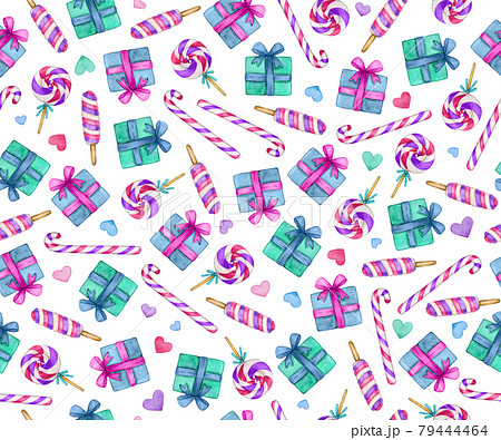 Christmas seamless pattern. Sweets and gifts background, isolated on white. Watercolor illustration. Christmas seamless pattern. Sweets and gifts background, isolated on white. Watercolor illustration. 79444464