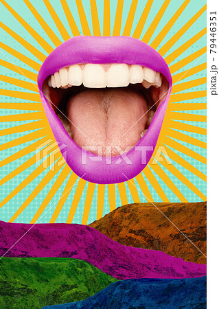 Contemporary art collage, modern design. Summer time mood. Composition with female opened mouth isolated over bright absract background. 79446351