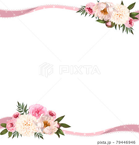 優しい色使いの花のバラとダリアと牡丹と植物のリボン付き美しい白バックフレームイラスト素材のイラスト素材