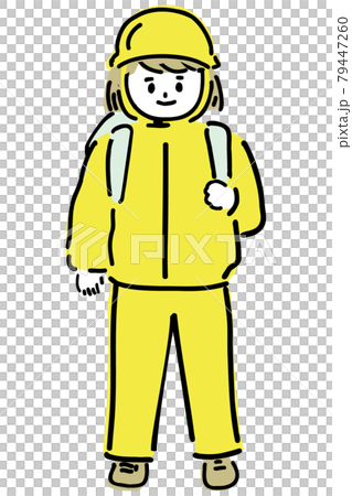 Evacuating child wearing a helmet Evacuating child wearing a helmet 79447260