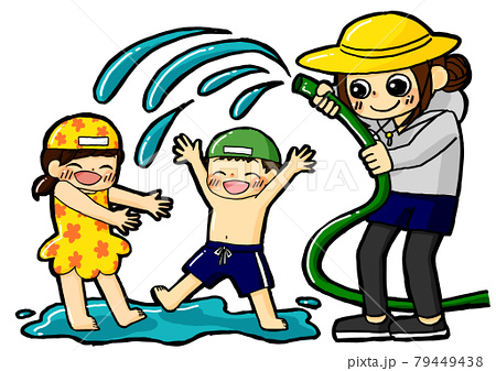 ホースで水をかけて遊んでいる先生と子どもたちのイラスト素材