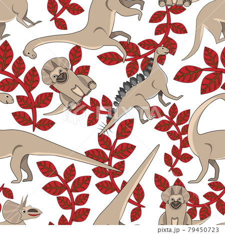 Dinosaurs with red plants on white background. Seamless pattern, vector. 79450723