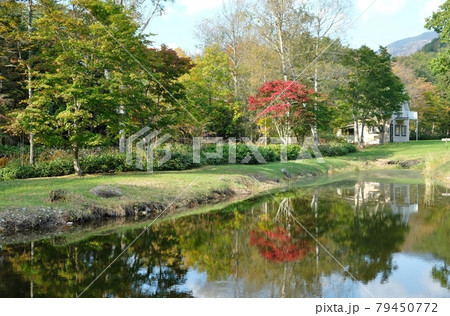 秋の一ヶ月間開放される紅葉の福原山荘庭園 79450772