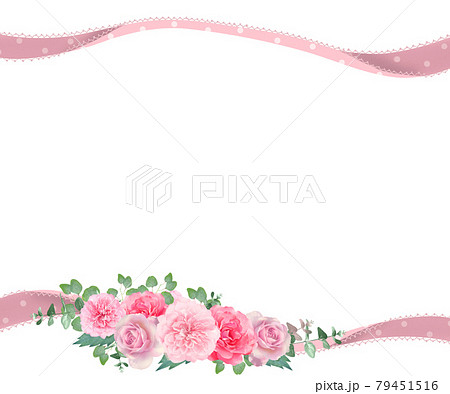 優しい色使いの花のバラと植物のリボン付き美しい白バックフレームイラスト素材のイラスト素材