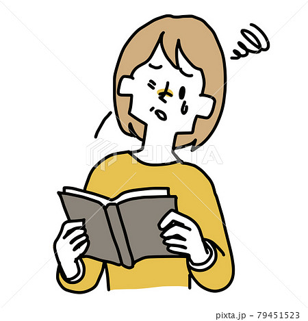 老眼で本の文字が見えにくい中年の女性のイラスト素材