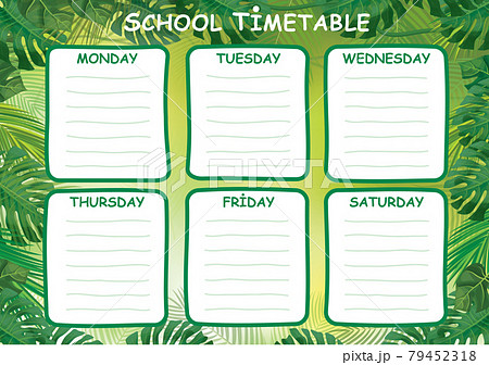 Vector template school timetable, green, tropical leaves design. Vector template school timetable, green, tropical leaves design. 79452318