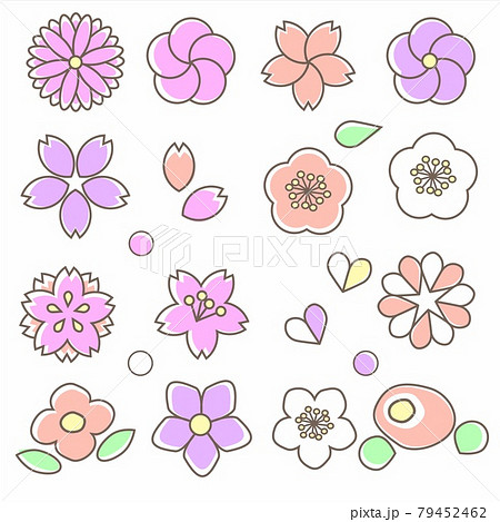 年賀状にも使える春っぽいかわいいピンクの和モダンなお花和風アイコンセットのイラスト素材