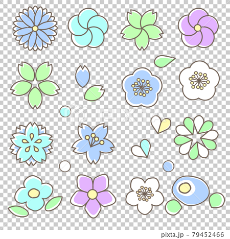 年賀状にも使える夏っぽいさわやかなブルーの和モダンなお花和風アイコンセットのイラスト素材