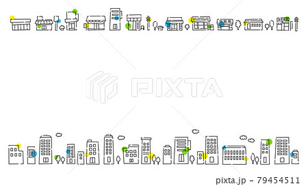 街並み カラフルタウン かわいい線画イラストセット 背景素材 16 9比率 のイラスト素材