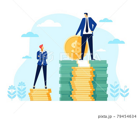 Gender wage gap. Businessman and businesswoman standing on money stack. Unequal pay, financial discrimination, income inequality vector concept Gender wage gap. Businessman and businesswoman standing on money stack. Unequal pay, financial discrimination, income inequality vector concept 79454634