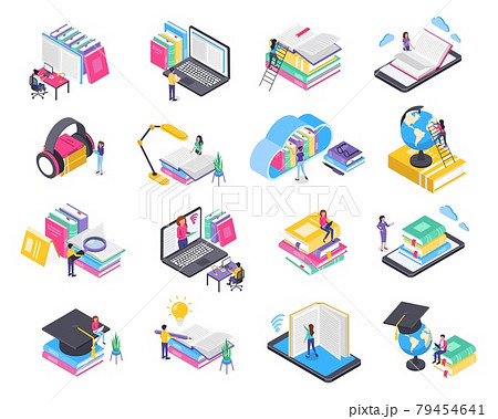 Isometric online education. People studying via laptop or phone. Online training, digital learning, virtual library concept vector set 79454641