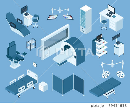 Isometric medical equipment. Mri, hospital bed, patient monitoring device, ultrasound scanner. Healthcare diagnostic devices vector set 79454658